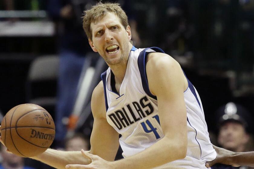 Dallas' Dirk Nowitzki plays against Oklahoma City on April 21.