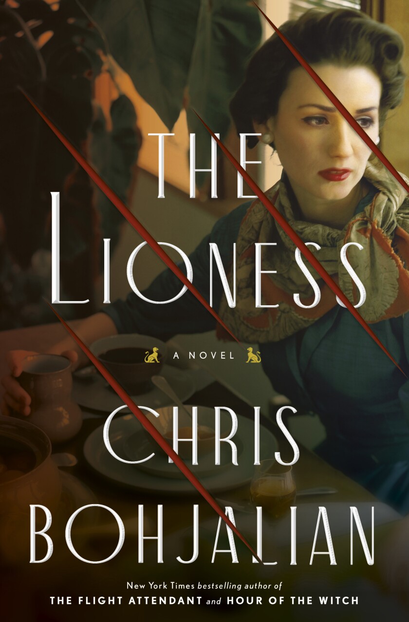 "The lioness" book cover showing unhappy woman and red slashes on title and cover image