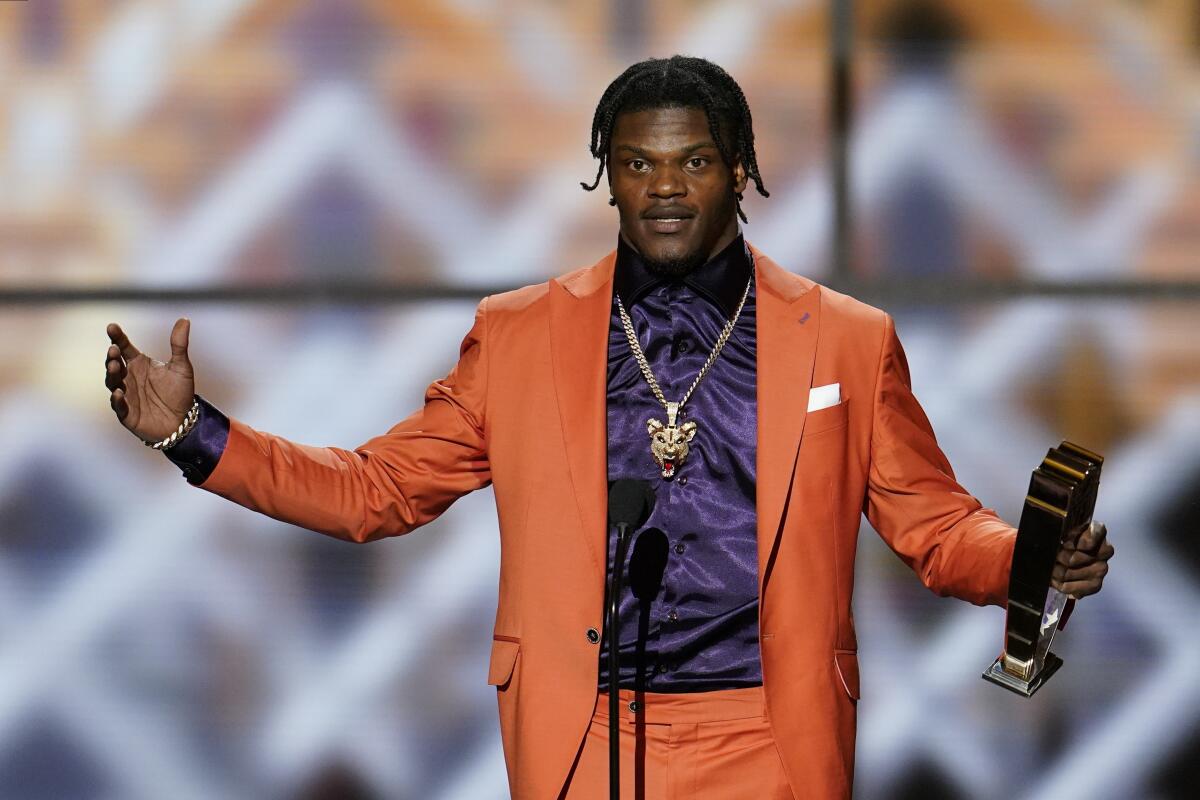 Baltimore's Lamar Jackson speaks after winning the Associated Press MVP award at the NFL Honors show Feb. 1, 2020.