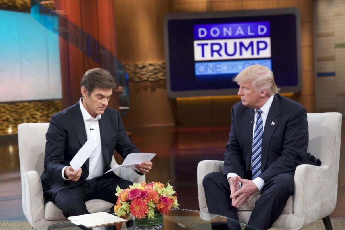 Donald Trump, right, discusses his health on "The Dr. Oz Show." Trump, who recently revealed he has a testosterone level of 441 (generally above normal for a 70-year-old man), may be motivated by a hormonally-driven impulse to enhance his status, new research suggests.