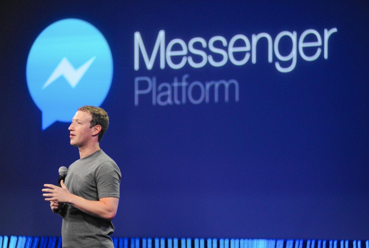 The human side of chatbots will be most apparent in mobile messaging applications such as Facebook Messenger, where the social network has already begun perfecting its own virtual assistant called “M.” Above, Facebook CEO Mark Zuckerberg introduces a new messenger platform at the F8 summit in San Francisco last year.