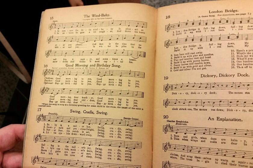 A 1922 copy of "The Everyday Song Book," containing the music and words to "Happy Birthday"