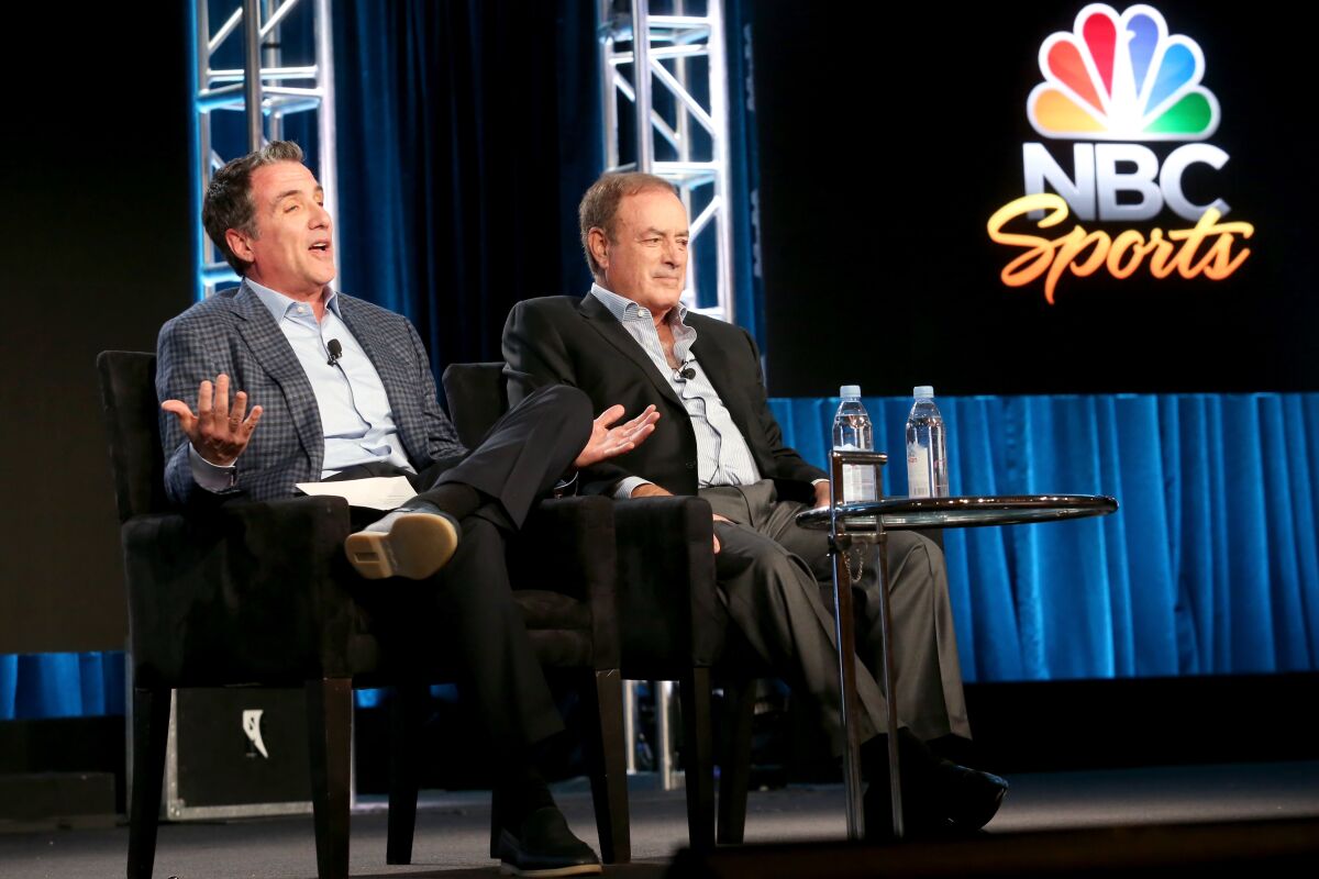 Fred Gaudelli, left, and Al Michaels onstage during the NBCUniversal portion of the 2018 Winter Television Critics Association Press Tour on Jan. 9, 2018.