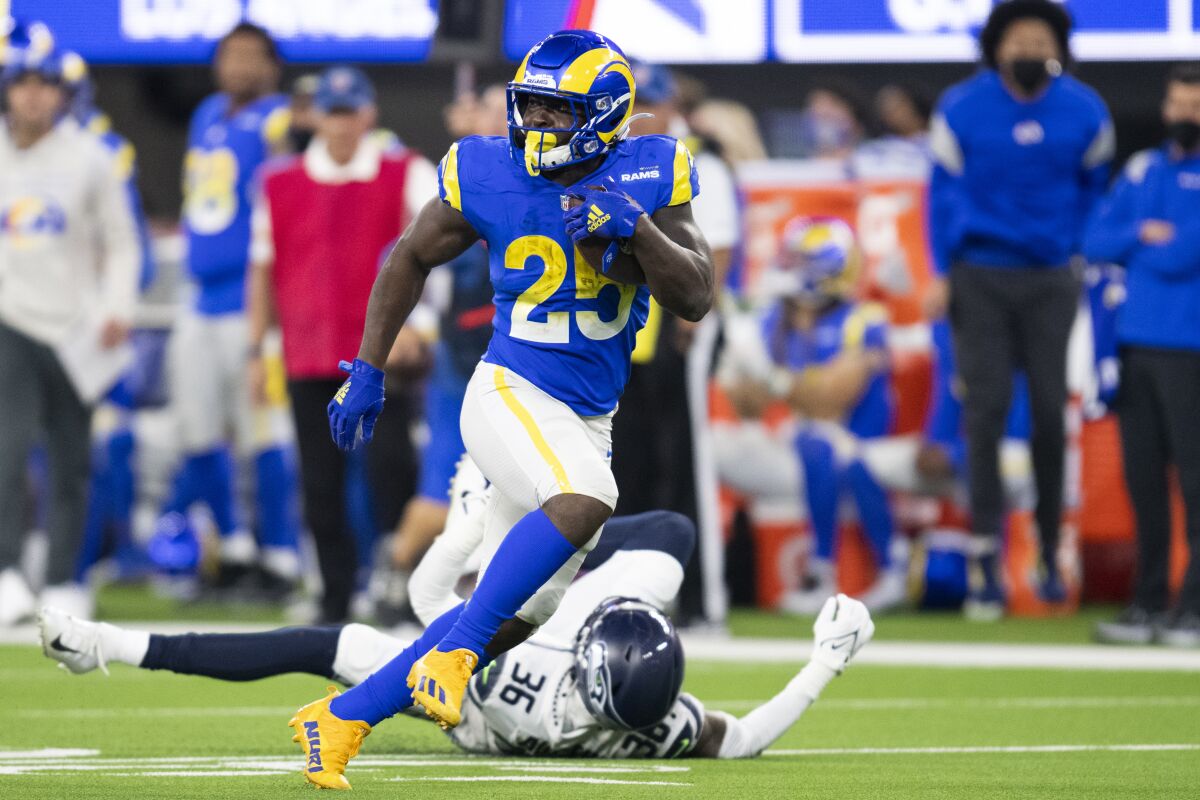 Rams running back Sony Michel carries the ball during a win over the Seattle Seahawks on Dec. 21.