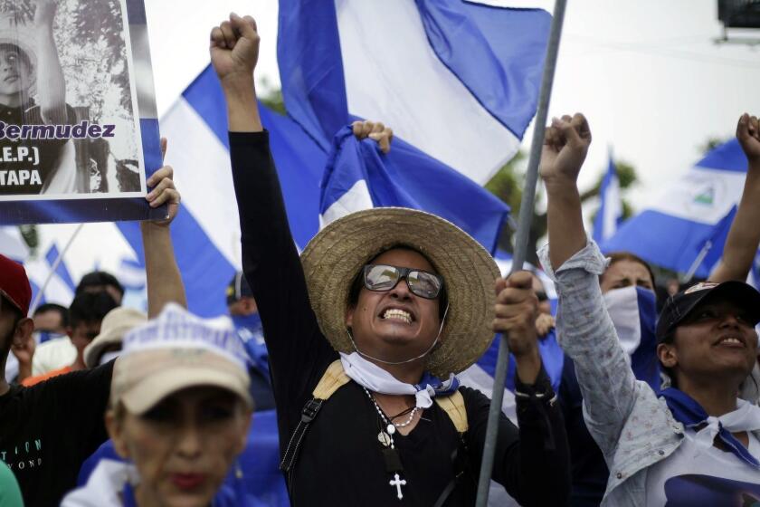 Mandatory Credit: Photo by RODRIGO SURA/EPA-EFE/REX/Shutterstock (9768648o) People participate in a march calling for President Daniel Ortega to be ousted in Managua, Nicaragua, 23 July 2018. In the last three months the country has experienced wide spread civil unrest that has claimed the lives of more than 277 people. People march in Managua, calling for President Ortega to be ousted, Nicaragua - 23 Jul 2018 ** Usable by LA, CT and MoD ONLY **