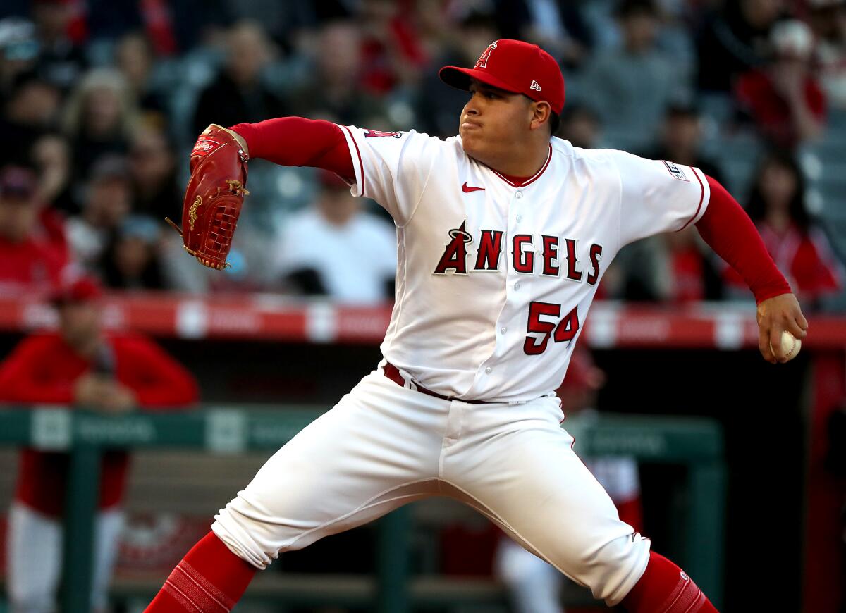 Angels starter José Suarez delivers during a 6-4 loss to the Washington Nationals.