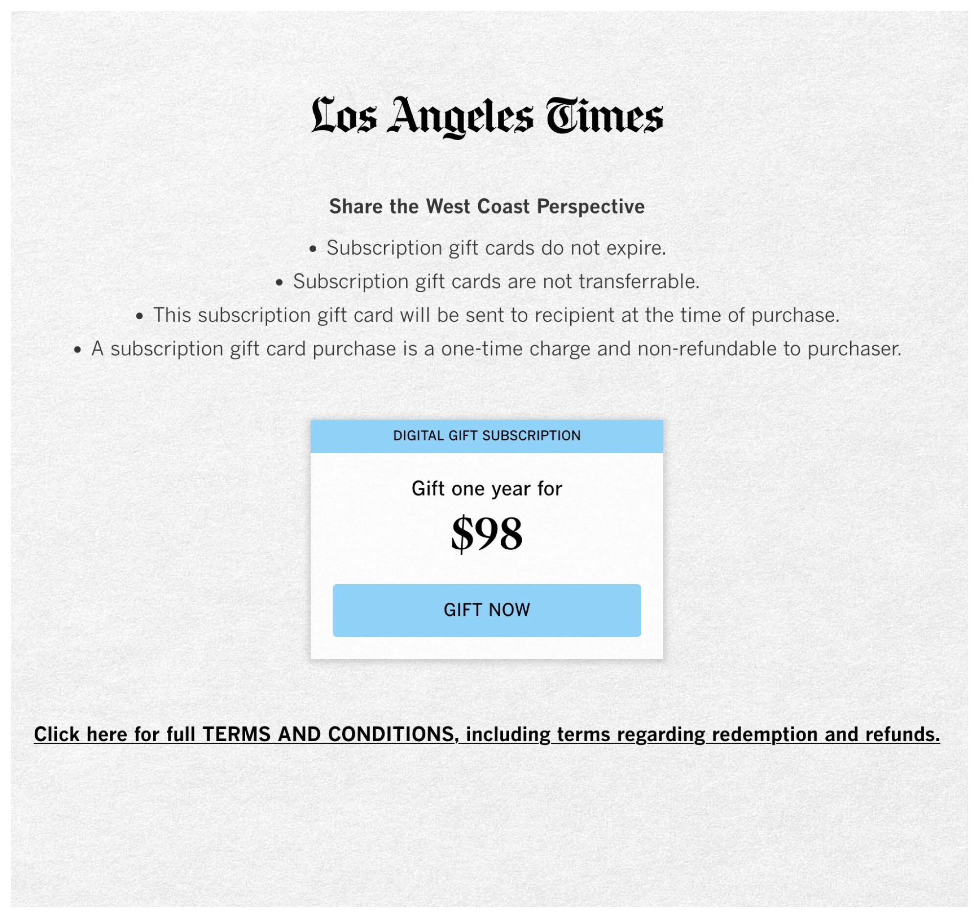 Los Angeles Times Digital Subscription: $52 per year, $1.25 per week