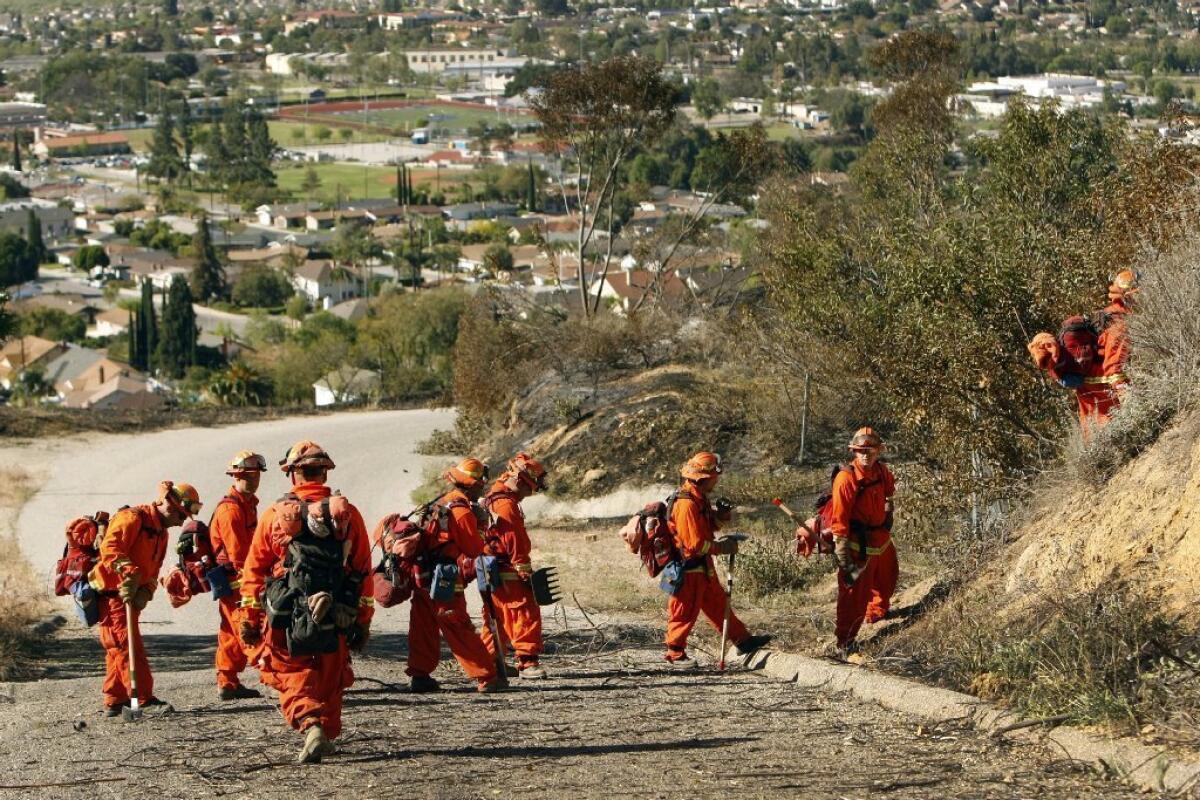 CalFire hand crews from the Department of Corrections and Rehabilitation cut brush in the mountains north of Fillmore on April 9 to get full containment of a brush fire that damaged two homes and threatened more.