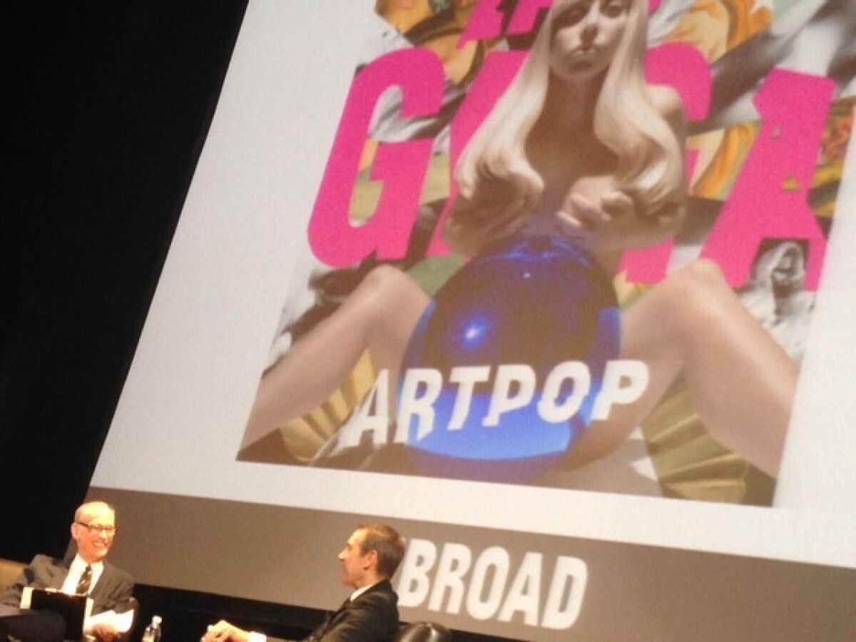John Waters in conversation with Jeff Koons at the Orpheum Theatre for the Broad museum's "Un-Private Collection" lecture series.