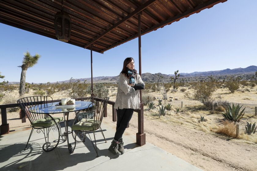 JOSHUA TREE, CA - FEBRUARY 04 , 2020 - Amanda B`Hymer, who owns a vacation home in Joshua Tree is upset over heavy-handed San Bernardino County code enforcement of its 1,100 Airbnb homes, which under a new ordinance must be inspected in order to get a permit to continue operating. The number of Airbnb’s has exploded by 21% over the past year alone. (Irfan Khan / Los Angeles Times)