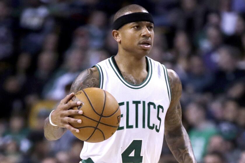 Boston Celtics guard Isaiah Thomas (4) shoots during the second half of an NBA basketball game in Boston, Monday, April 10, 2017. The Celtics defeated the Nets 114-105. (AP Photo/Charles Krupa)