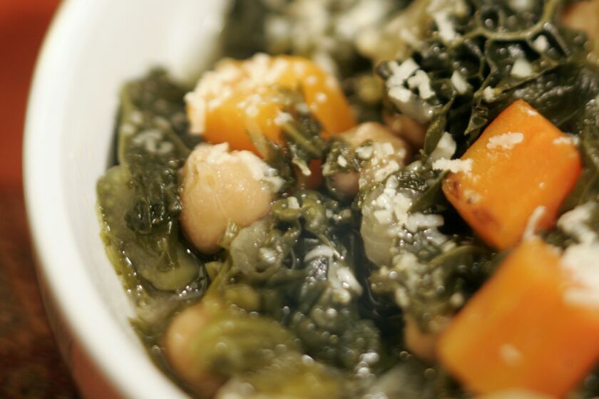A hearty and filling winter vegetarian soup. Recipe: Soup with winter greens and chickpeas