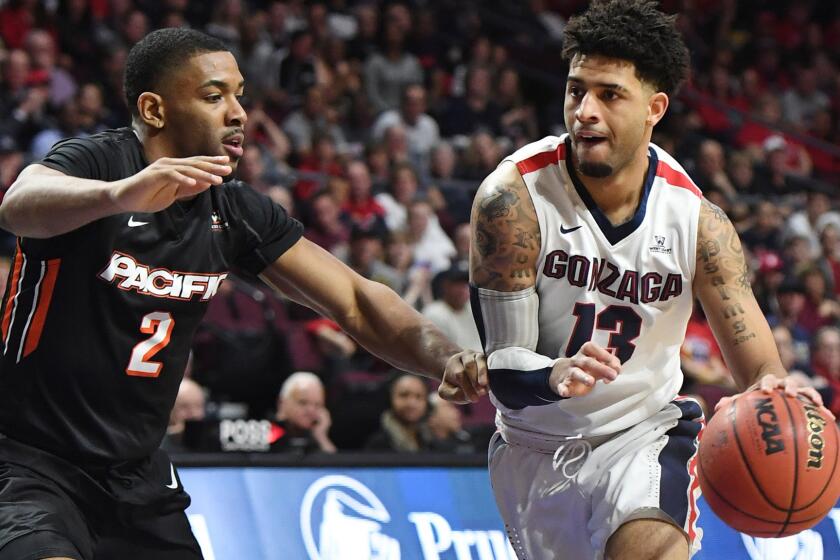 Gonzaga guard Josh Perkins drives against Pacific guard T.J. Wallace during their game Saturday night in Las Vegas.