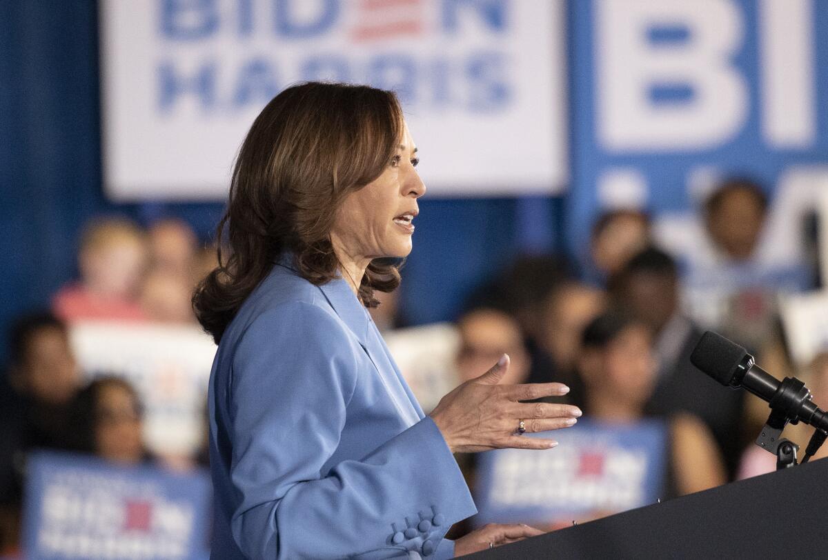 Kamala Harris seen from the side, facing right and speaking, supporters and Biden-Harris signs out of focus in the background