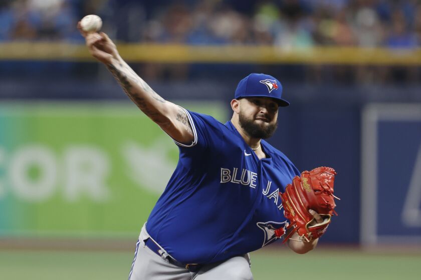 Toronto Blue Jays starting pitcher Alek Manoah throws to a Tampa Bay Rays batter during the first inning of a baseball game Saturday, Sept. 24, 2022, in St. Petersburg, Fla. (AP Photo/Scott Audette)