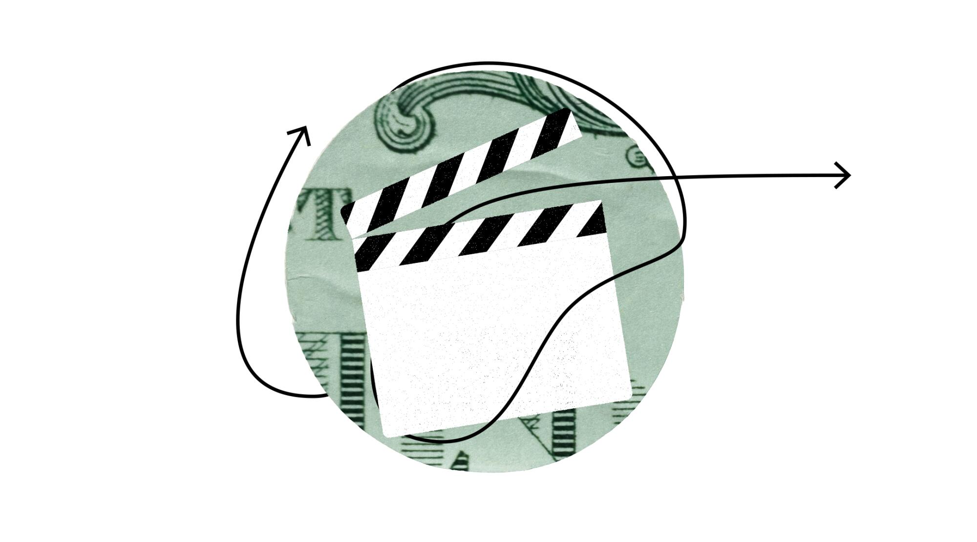 A circular cutout of a dollar bill encircled by arrows. A film clapper is in the middle.