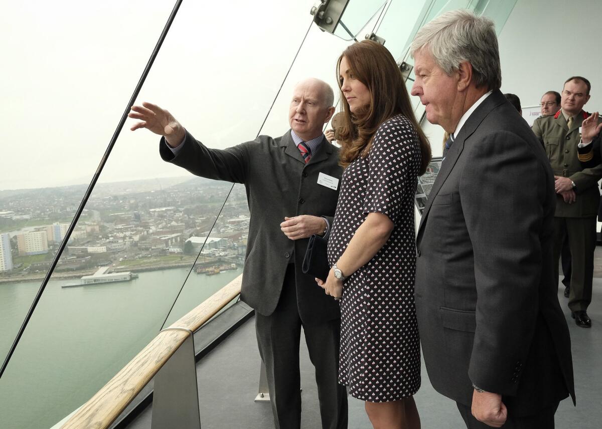 Catherine, duchess of Cambridge, patron of the 1851 Trust, takes in the view from Spinnaker Tower during a visit to Portsmouth to see the construction site of Ben Ainslie Racing's new headquarters and visitor center.