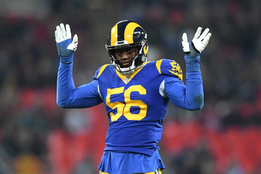 LONDON, ENGLAND - OCTOBER 27: Dante Fowler Jr of Los Angeles Rams looks on during the NFL game between Cincinnati Bengals and Los Angeles Rams at Wembley Stadium on October 27, 2019 in London, England. (Photo by Alex Davidson/Getty Images)