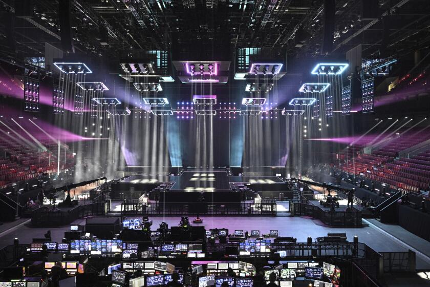 FILE - The completed Eurovision stage at Malmo Arena is shown at a press conference in Malmo, Sweden, on April 25, 2024. Organizers of the Eurovision Song Contest say they’re willing to remove any Palestinian flags and pro-Palestinian symbols at the event next week in Sweden. (Johan Nilsson/TT News Agency via AP, File)