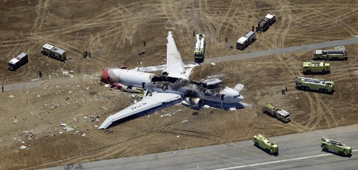 Wreckage of Asiana Airlines Flight 2014 at San Francisco International Airport. Three passengers died and several others were seriously injured.