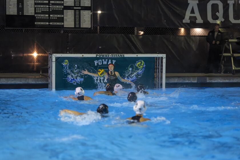 Paige McFadden, a 5-foot-8 junior at Poway High, is a former soccer goalie playing her second water polo season.