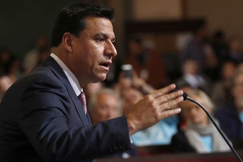 LOS ANGELES, CA-MAY 2, 2018: Los Angeles City Councilman Jose Huizar addresses fellow council members before they voted to approve the Home-sharing Ordinance (airBnB). The City Council unanimously approved a draft ordinance capping the number of days a host can rent out their primary residence each year at 120. (Mel Melcon/Los Angeles Times)