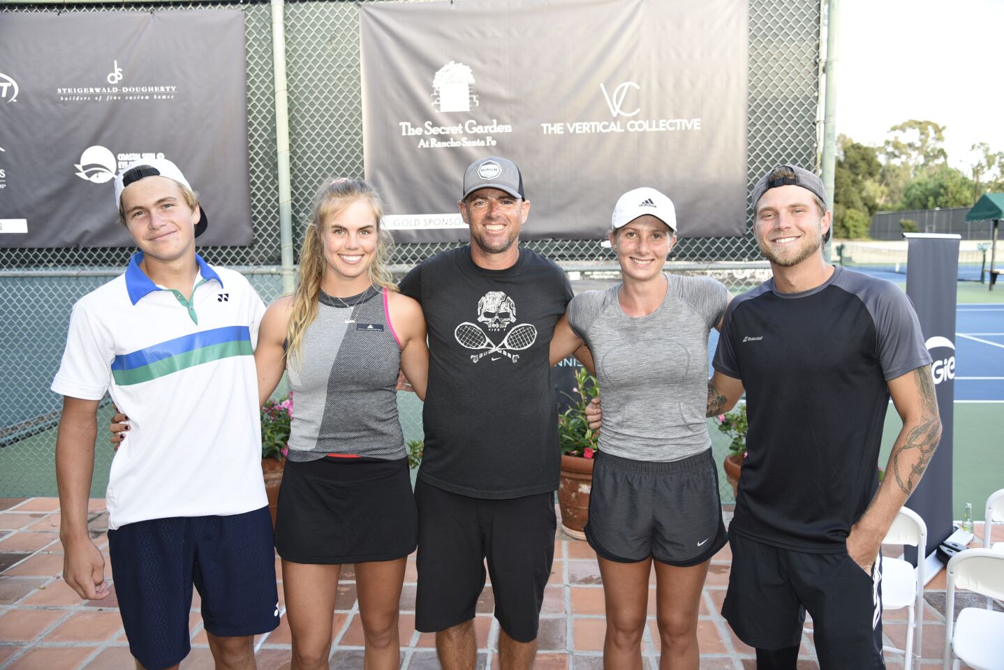 RSF Tennis Director of Tennis Derek Miller (center) with pro exhibition match participants Ethan Schiffman, Ellie Douglas, Katie Codd, Kalman Boyd