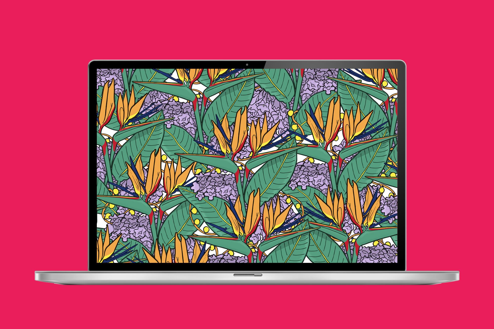 Mockup of a Zoom background with a birds of paradise illustration.