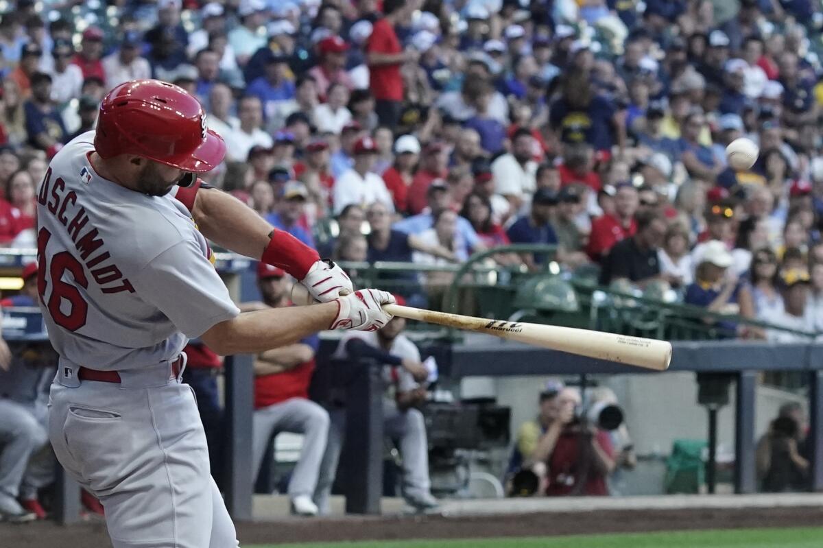 St. Louis Cardinals' Paul Goldschmidt hits a two-run home run during the first inning of a baseball game against the Milwaukee Brewers Wednesday, June 22, 2022, in Milwaukee. (AP Photo/Morry Gash)