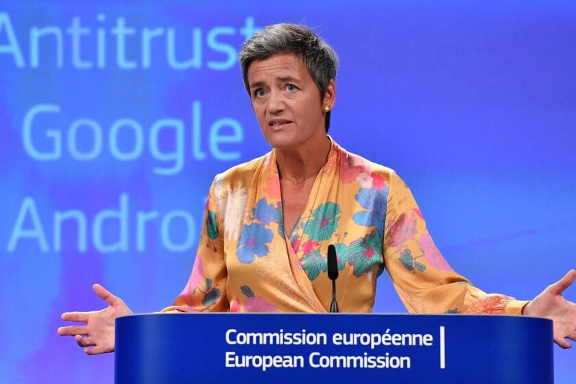 TOPSHOT - European Union Competition Commissioner Margrethe Vestager gives a joint press at the EU headquarters in Brussels on July 18, 2018. The EU on July 18, 2018 gave Google 90 days to end "illegal" practices surrounding its Android operating system or face further fines, after slapping a record 4.34 billion euro ($5 billion) anti-trust penalty on the US tech giant. / AFP PHOTO / JOHN THYSJOHN THYS/AFP/Getty Images ** OUTS - ELSENT, FPG, CM - OUTS * NM, PH, VA if sourced by CT, LA or MoD **
