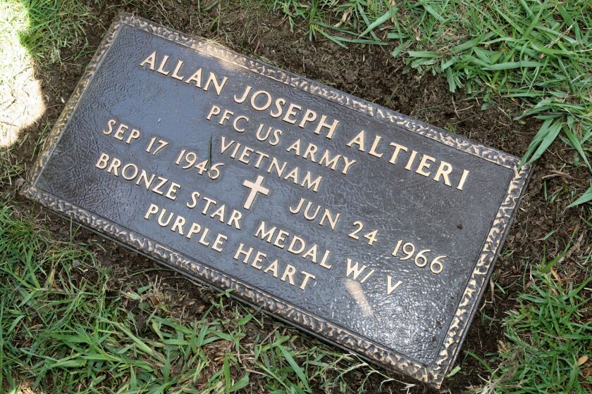 A plaque has been installed at the unmarked gravesite in Mission Hills for Glendale resident Allan Altieri 50 years to the day after he was killed in Vietnam.