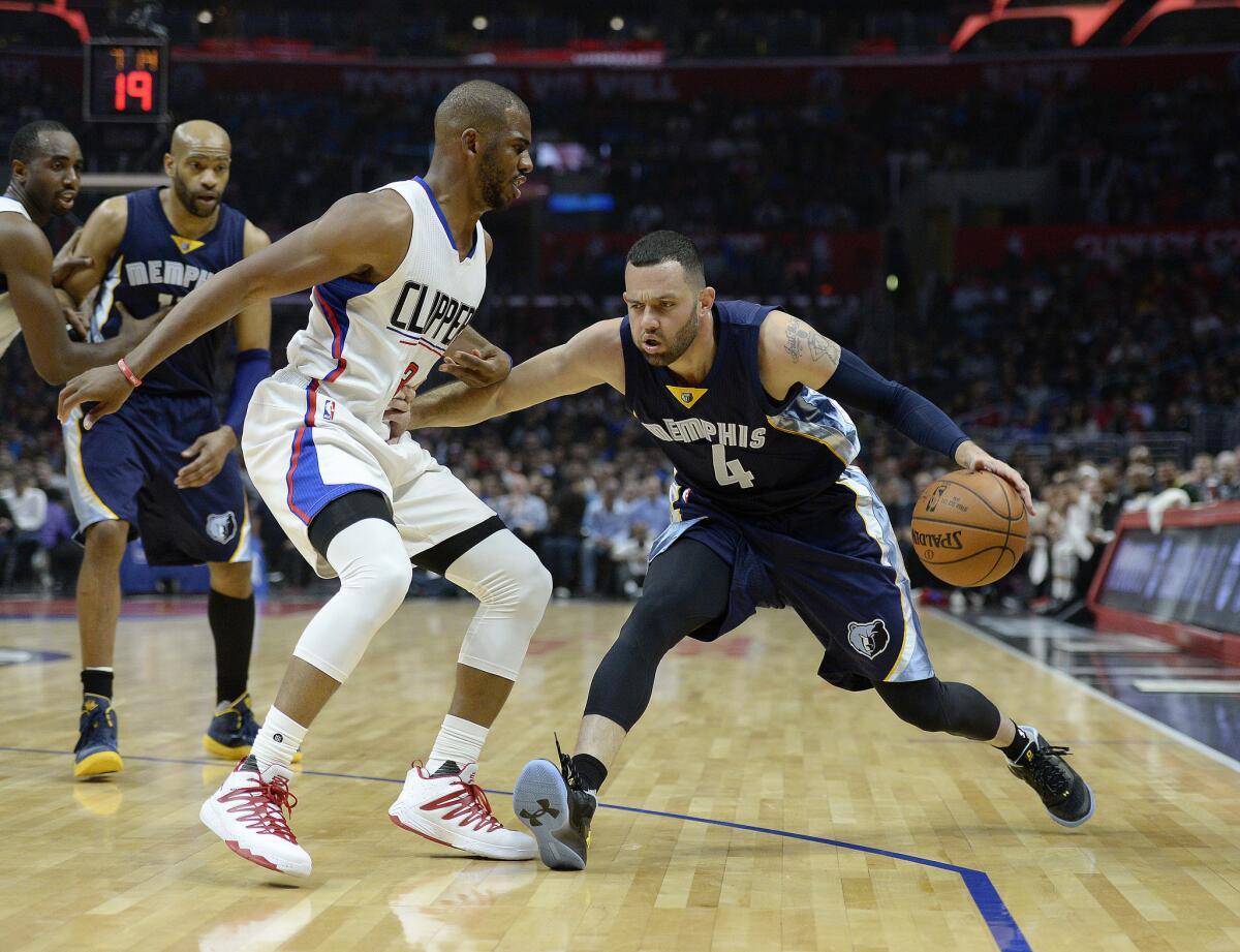 Grizzlies guard Jordan Farmar dribbles against Clippers guard Chris Paul during a game on April 12 at Staples Center.