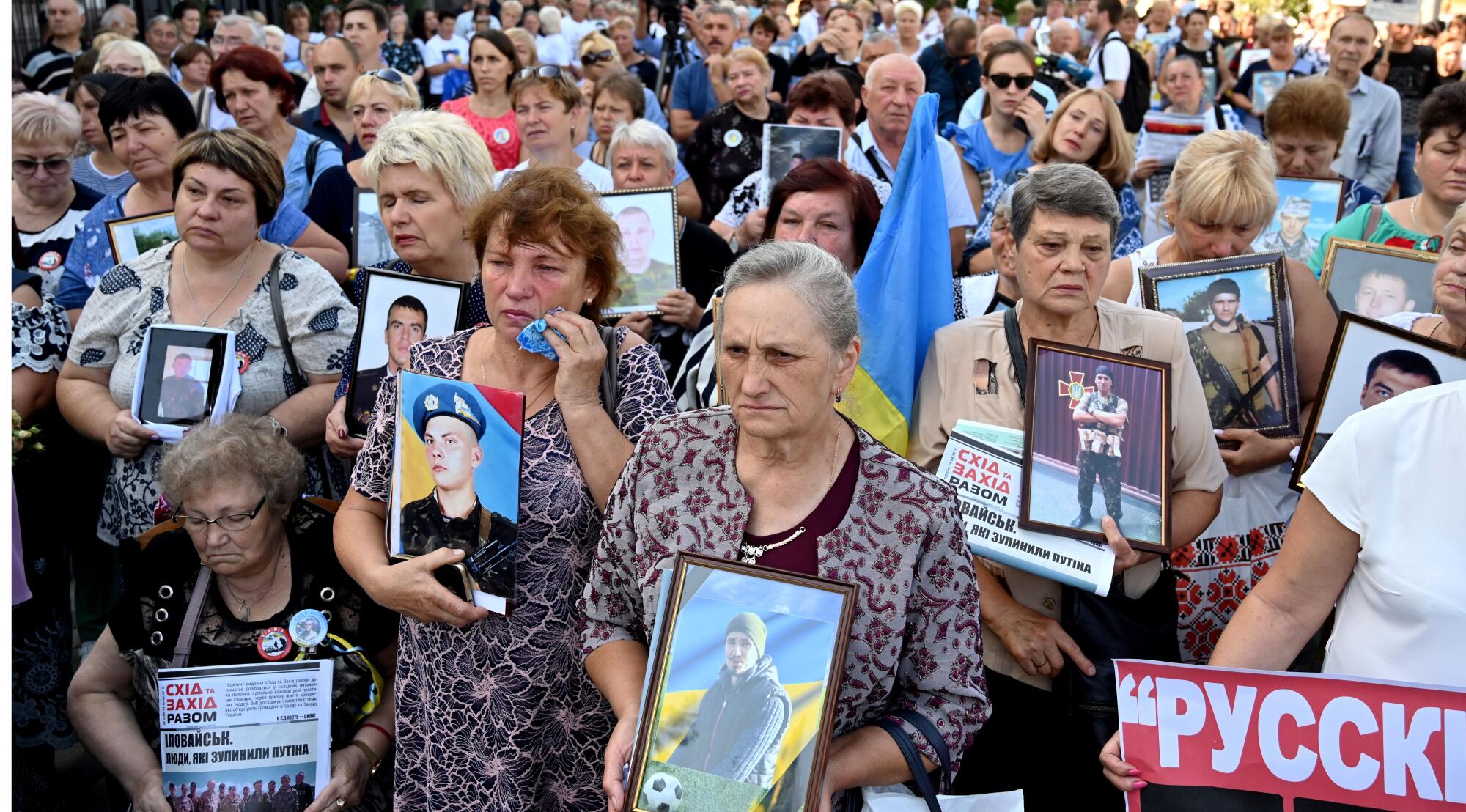 Mothers and widows of dead Ukrainian servicemen hold a memorial rally in front of the Russian Embassy in Kyiv 2019.