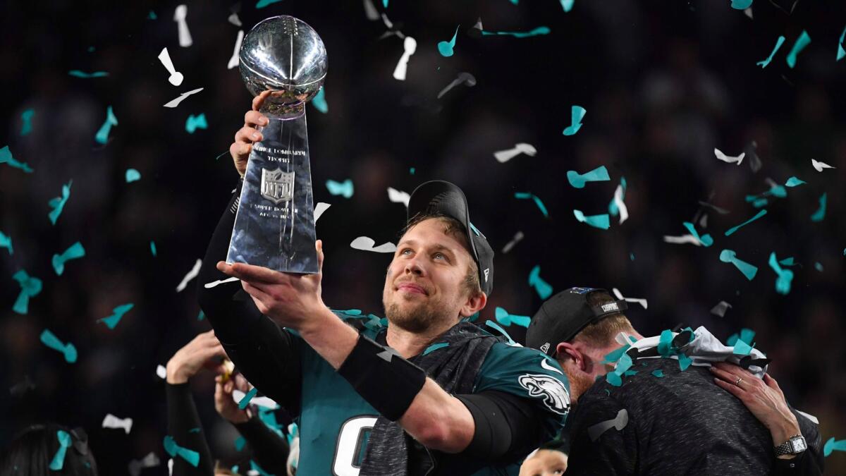Philadelphia Eagles quarterback Nick Foles celebrates after winning Super Bowl LII against the New England Patriots.