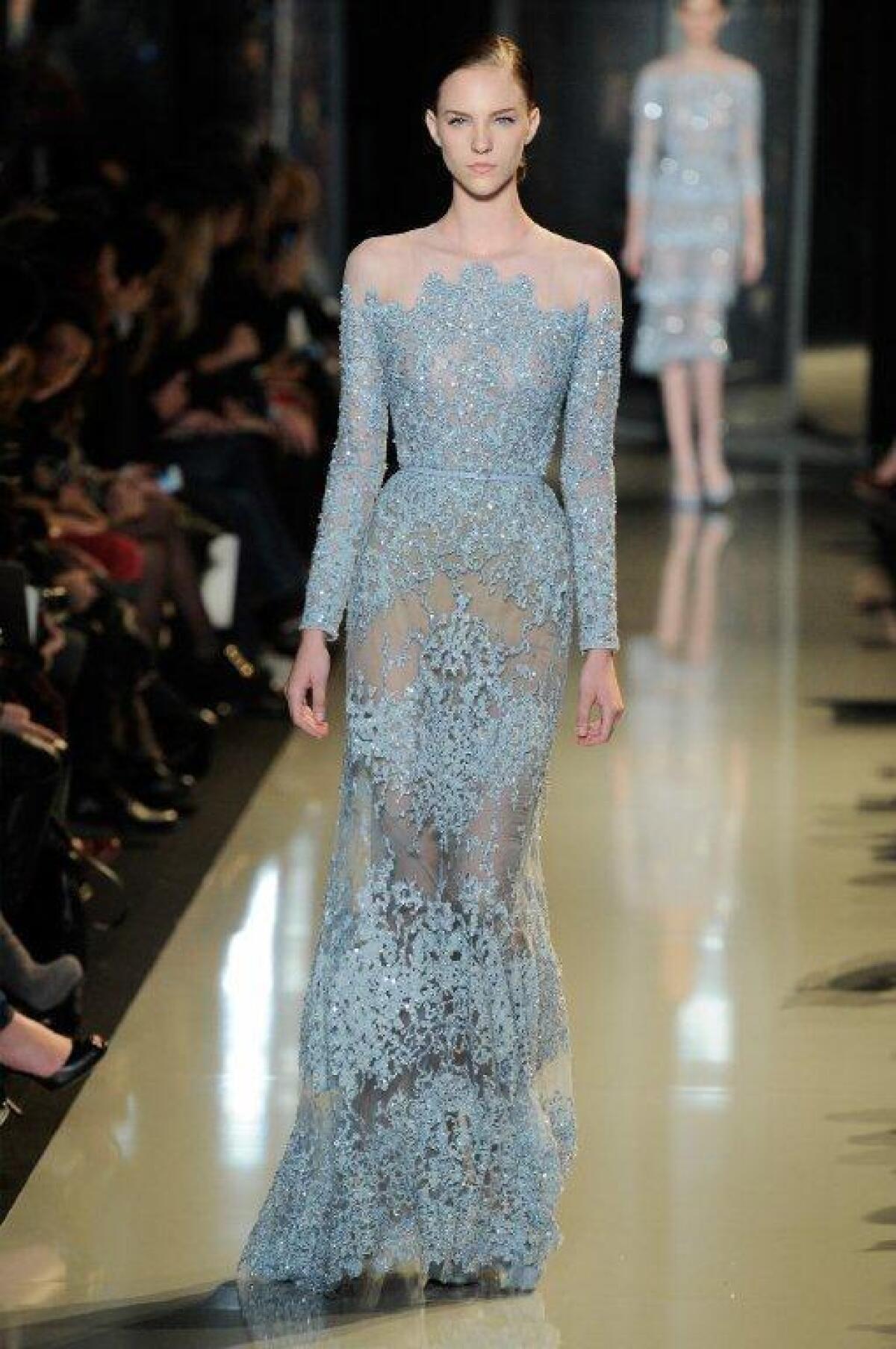 A model shows off a red-carpet-worthy Elie Saab gown during the Paris haute couture shows.
