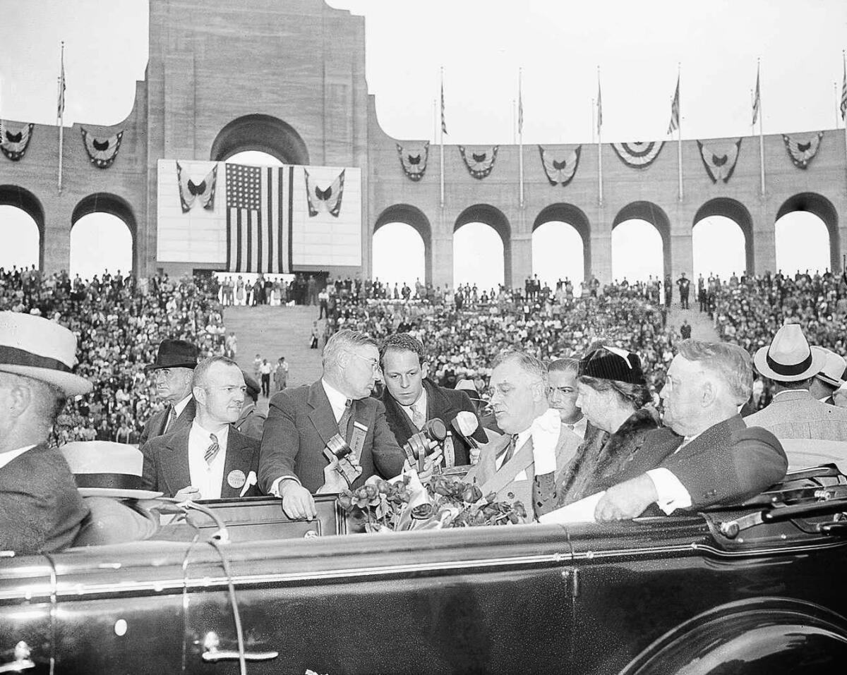 President Franklin D. Roosevelt in a car with Eleanor Roosevelt and Mayor Frank Shaw in the Los Angeles Coliseum