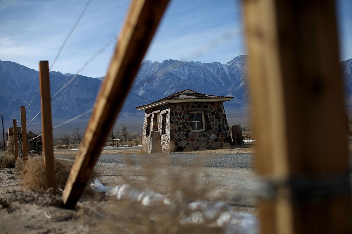 A military police checkpoint stands at the entrance to Manzanar National Historic Site on Dec. 9 near Independence, Calif.During World War II, thousands of Japanese Americans were detained at Manzanar.