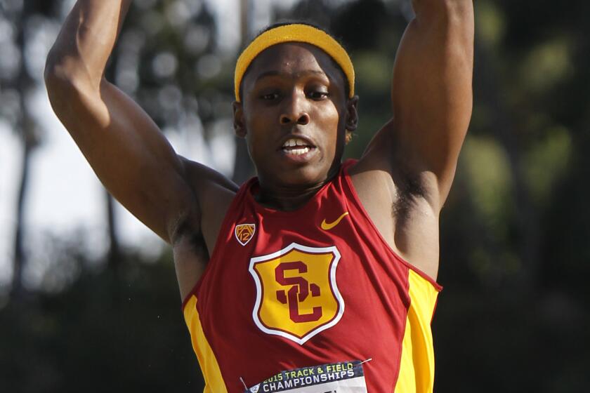 USC's Adoree' Jackson leaps during the long-jump competition at the Pac-12 track and field championships in Los Angeles on May 16.