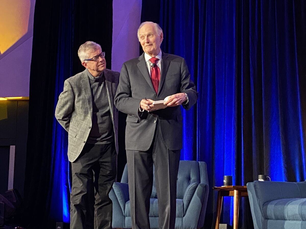 Jamie Williamson (left), Scripps Research’s executive VP of research and academic affairs, jokes around with Alan Alda before the actor takes questions from the audience.