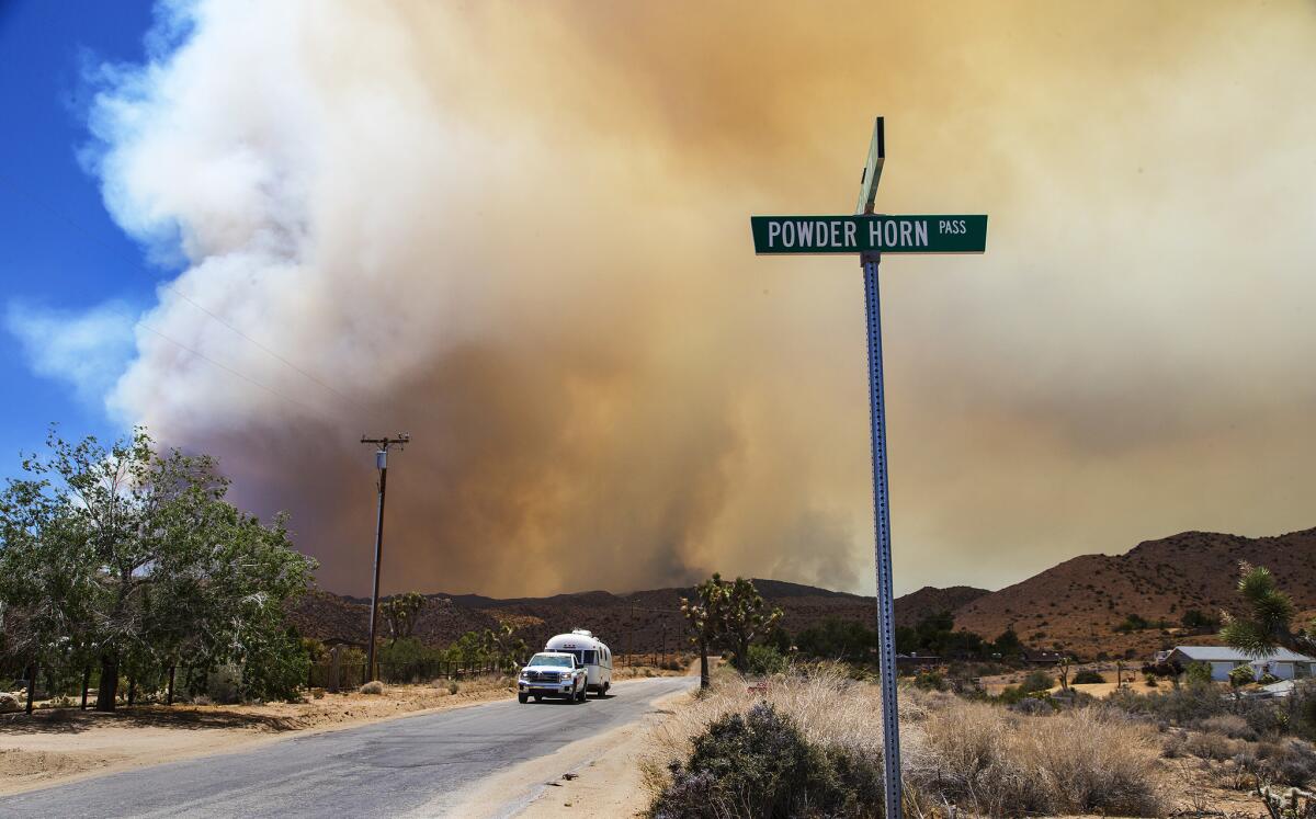 Mandatory evacuations are ordered for Burns Canyon Road as the Lake fire burns closer to Morongo Valley and Pioneertown on June 25.