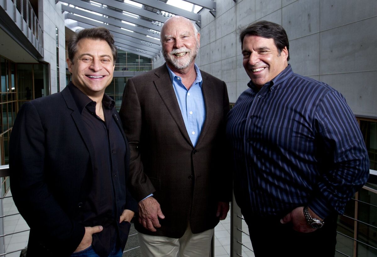 Co-founders of San Diego based Human Longevity Inc., Peter Diamandis, left, J. Craig Venter, center, and Robert Hariri, right.