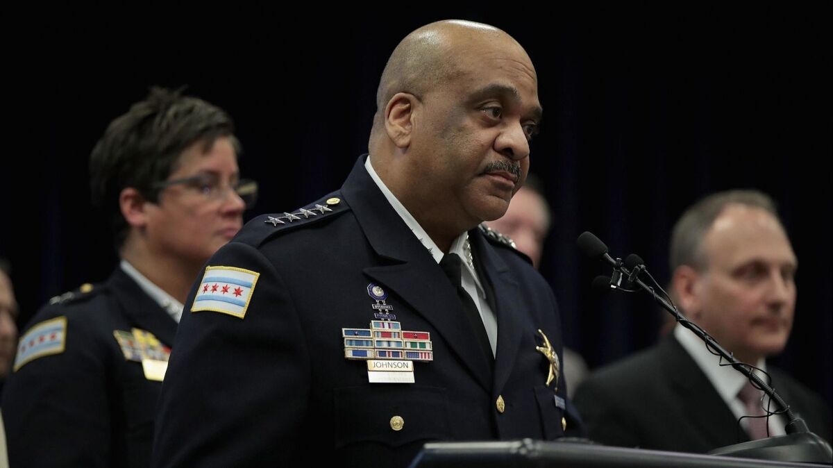 Chicago Police Superintendent Eddie T. Johnson takes questions at a Feb. 21 news conference on the Jussie Smollett case.