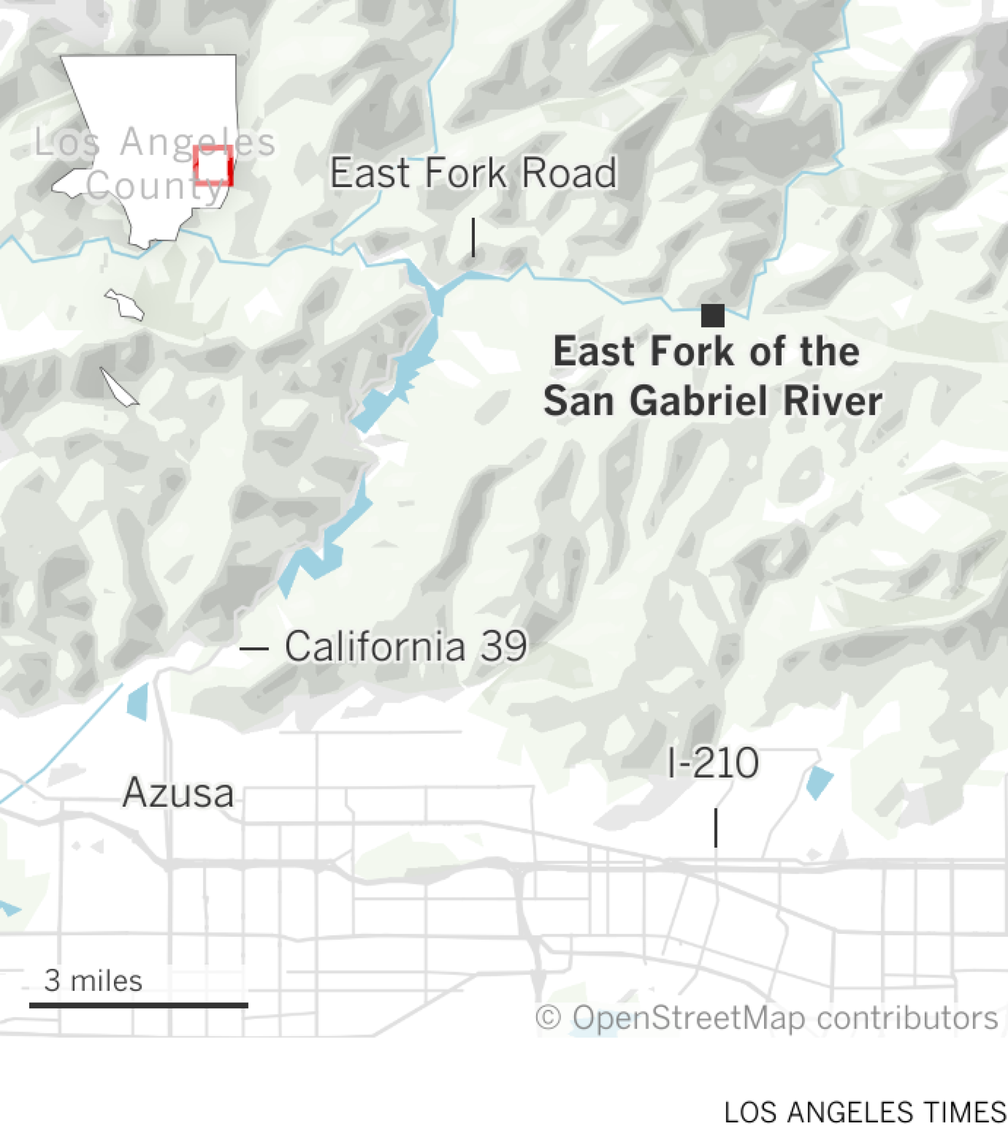 Map shows the East Fork of the San Gabriel River north of Glendora, Claremont and the I-210.