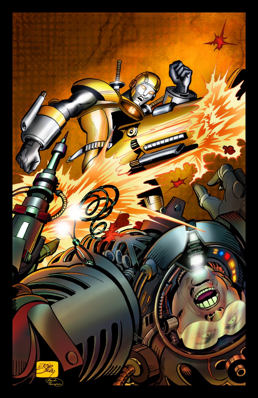A fiery clash of men in armored suits in "Satoshi The Creator - Genesis" by comic book artist Jose Delbo. 