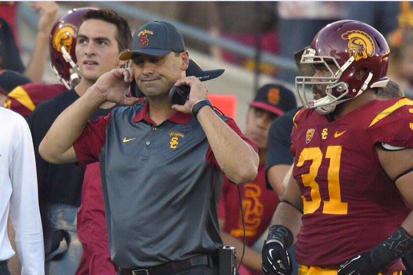 USC Coach Steve Sarkisian reacts to a penalty call during a game against Stanford on Sept. 19.