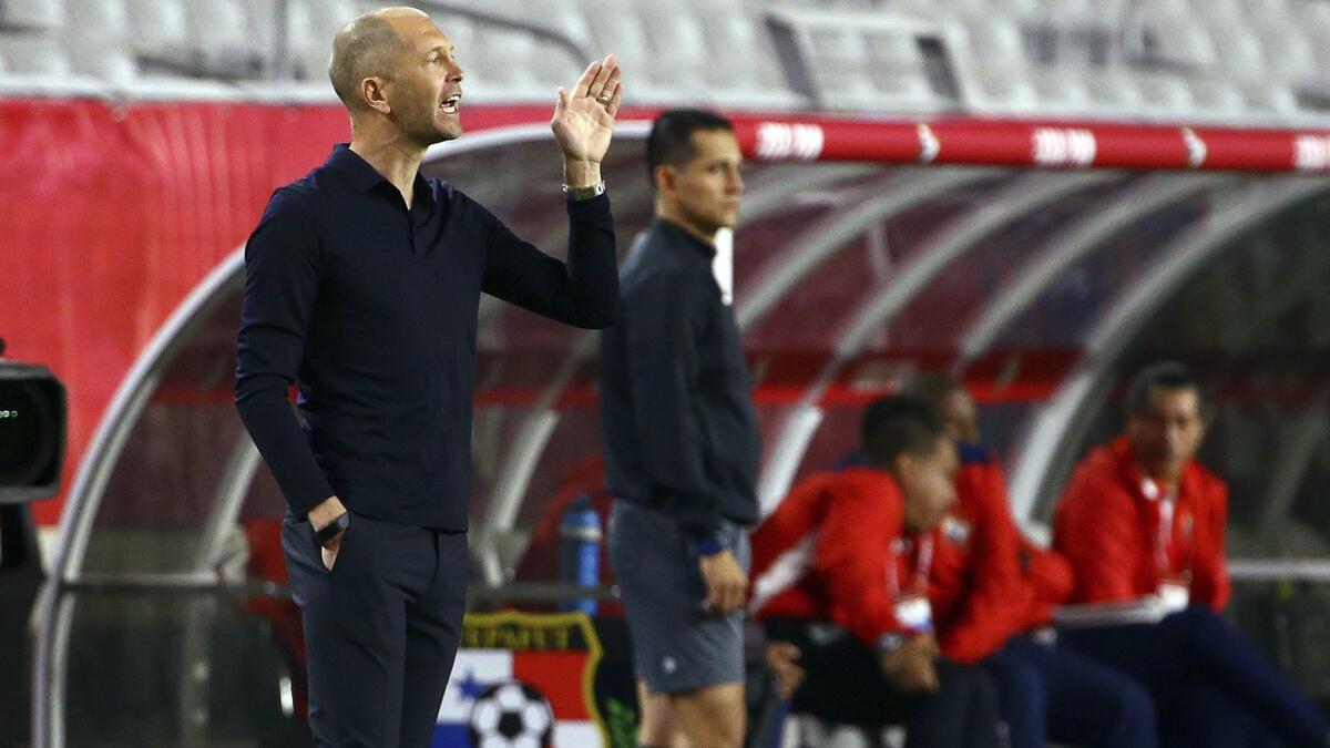 United States coach Gregg Berhalter shouts instructions to his players during the first half of a men's international friendly soccer match against Panama on Sunday in Glendale, Ariz.