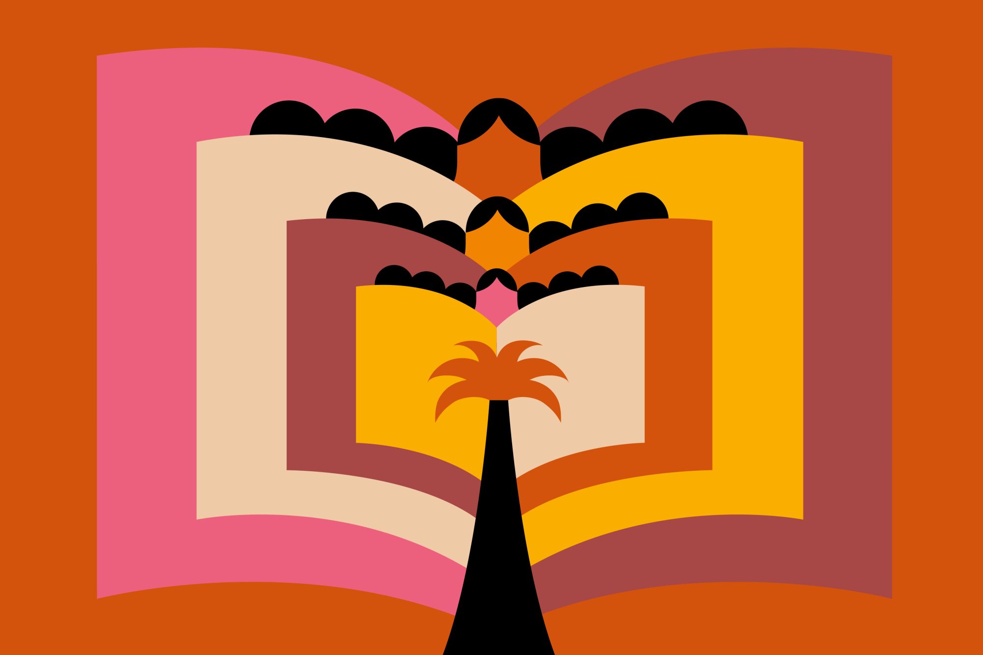 Illustration of a palm tree in the middle of pages of a book