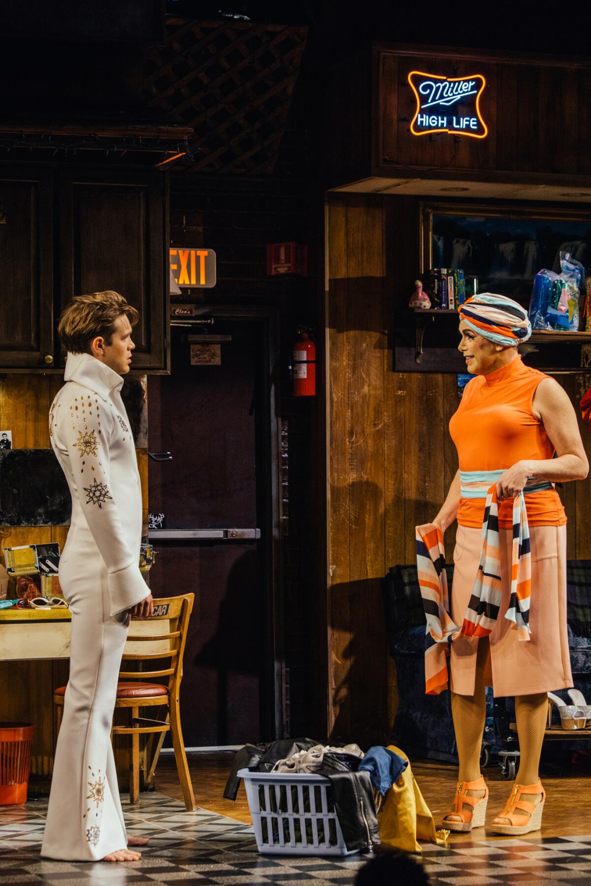 Andrew Burnap as Casey, left, and Matt McGrath as Miss Tracy Mills in "The Legend of Georgia McBride" at the Geffen Playhouse. (Geffen Playhouse)