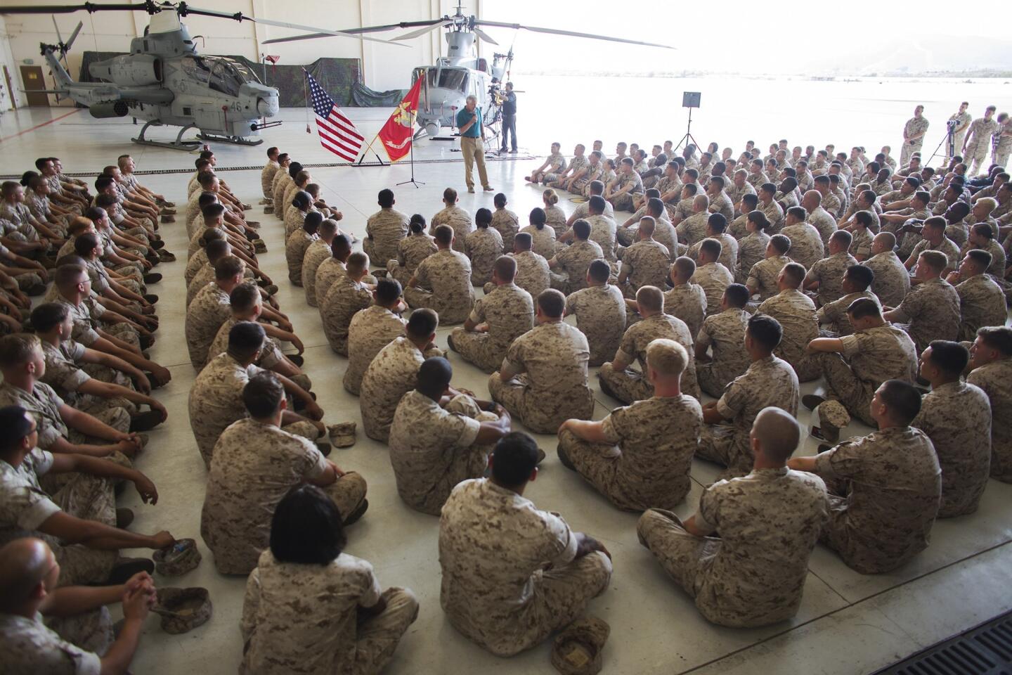 Defense Secretary Chuck Hagel speaks to Marines at Camp Pendleton on Aug. 12, discussing the situation in Iraq.