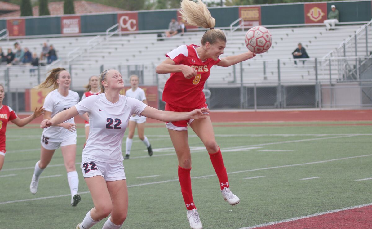 Tournament MVP Kelsey Branson heads in a goal in Friday's pool contest with OC St. Margaret's.